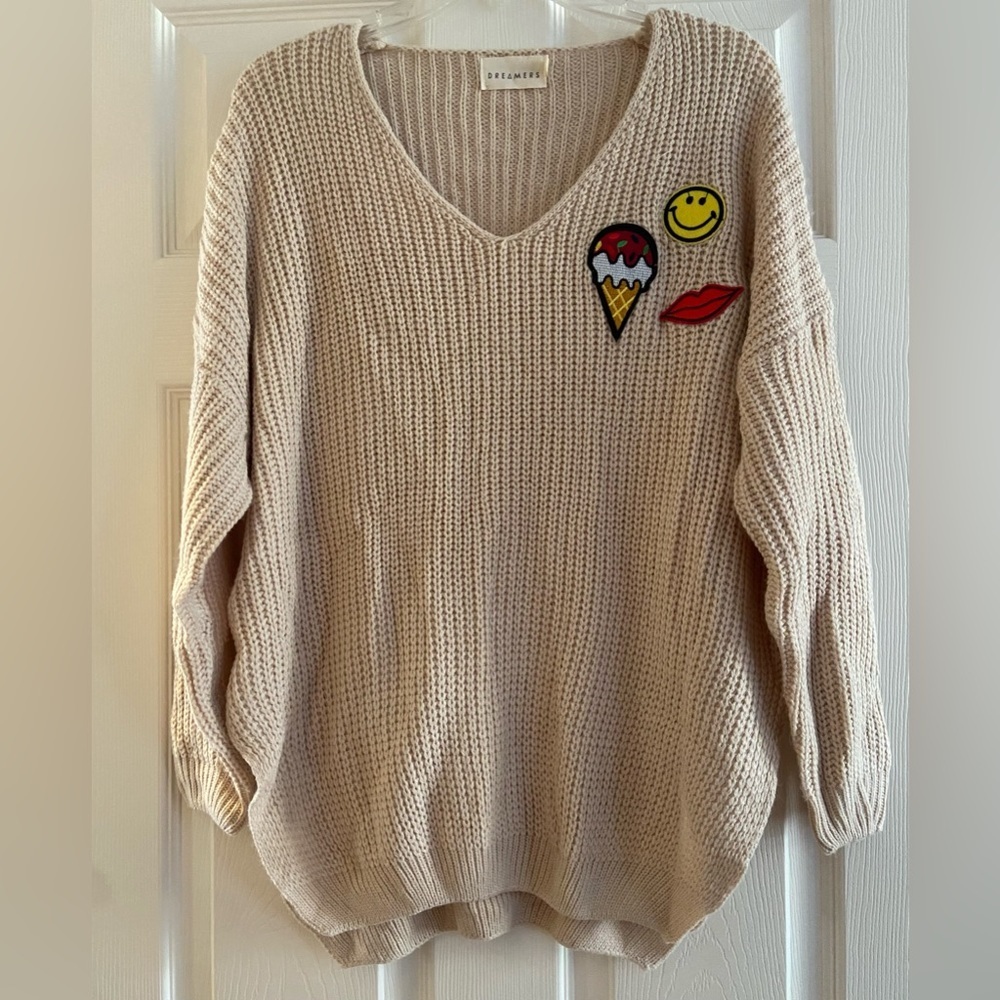 Dreamers Tan V Neck Chunky Knit Oversized long sleeve pullover sweater size Med